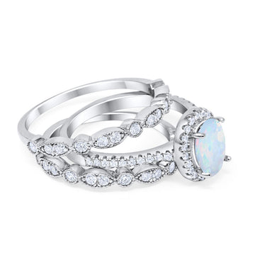 Three Piece Engagement Ring Oval Created White Opal 925 Sterling Silver
